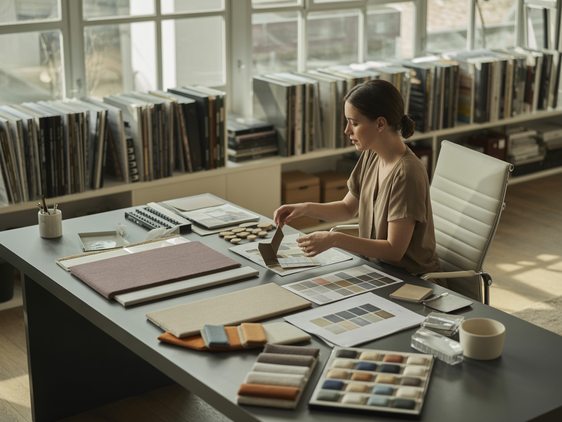 Interior designer selecting furniture samples and materials at a studio desk